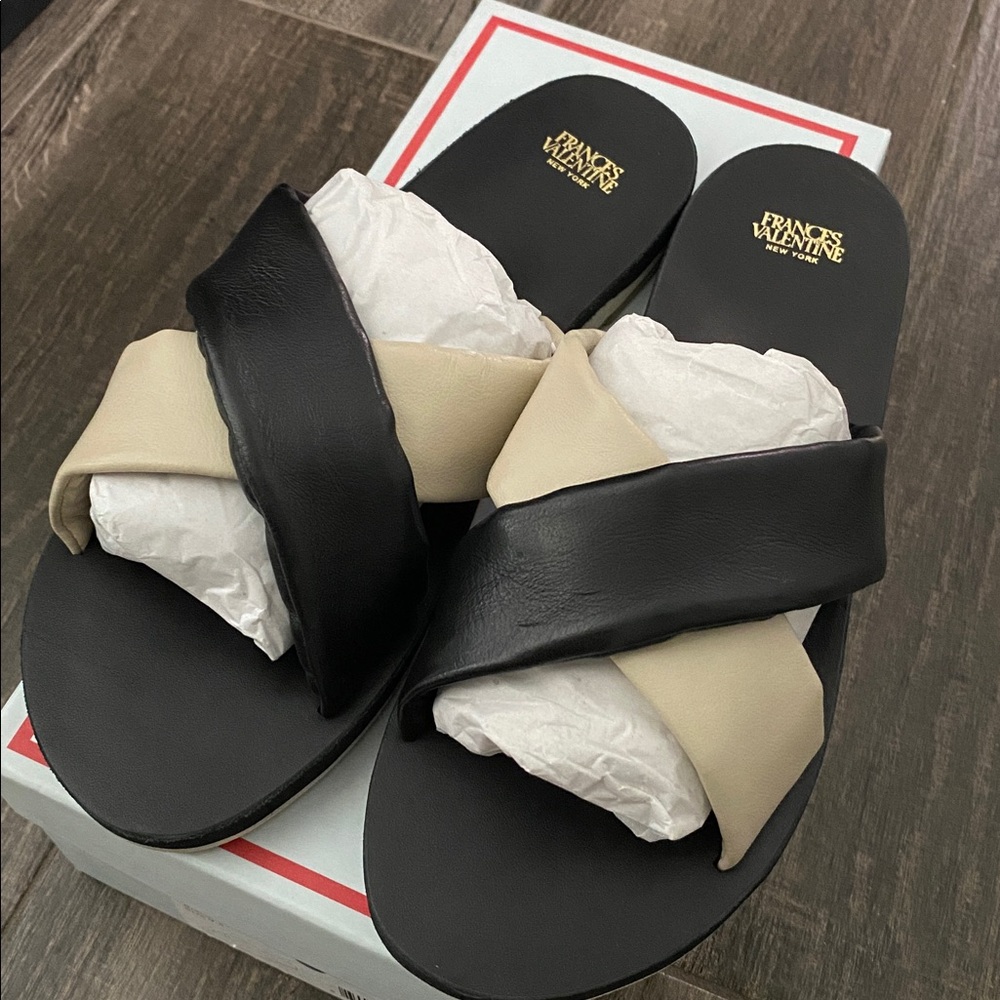 Frances Valentine Black & Cream Crisscross Leather Slide Sandals